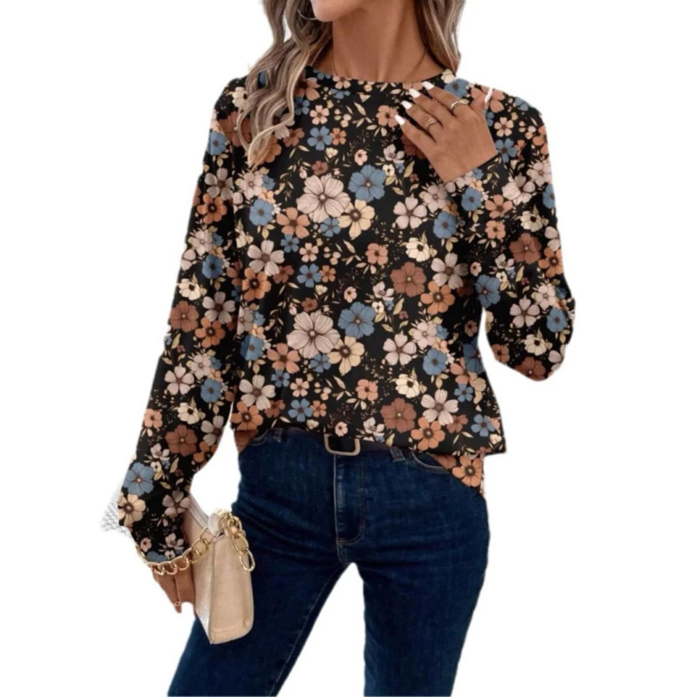 ZARA Womens Floral Print Round Neck Casual T Shirt